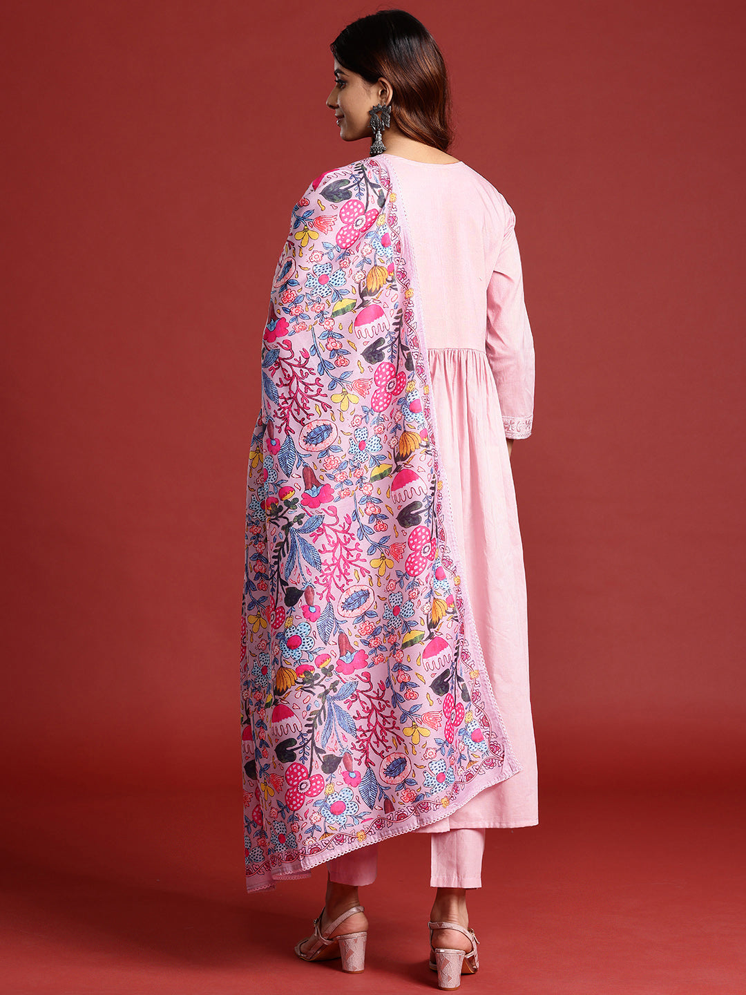 Women Floral Embroidered Pleated Thread Work Pure Cotton Kurta with Trousers & With Dupatta